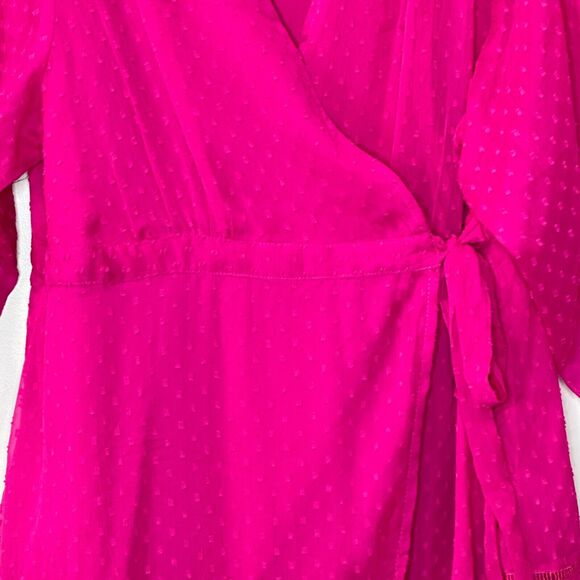 Not So Serious Anthro Swiss Dot Smocked Cuffs Wrap Mini Dress Pink Women XL NWT - Picture 9 of 12